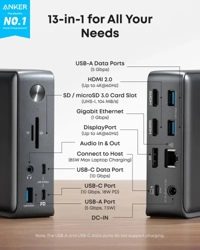 Anker <b>575</b> USB-Cドッキングステーション (13-in-1) & New Nylon USB-C to USB-C 100Wケーブル (10 ft)