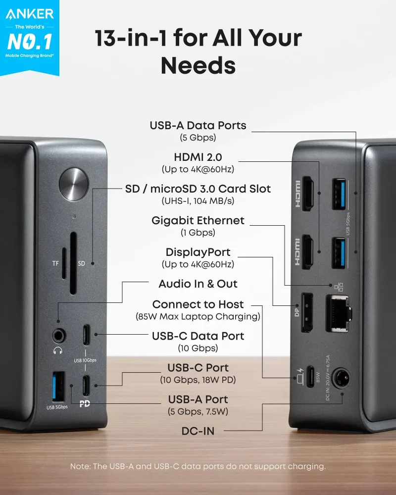 Anker <b>575</b> USB-Cドッキングステーション (13-in-1) & New Nylon USB-C to USB-C 100Wケーブル (10 ft)