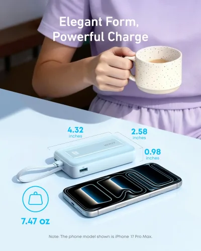 Anker Zolo 行動電源（10K，30W）配備 5.4 吋（13.7 厘米）內置 USB-C 充電線。