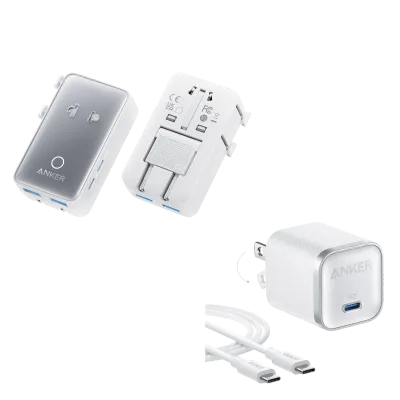 Anker Nano Travel Adapter (5-i-1, 20W, 1-pak) og Anker Nano Charger (45W) med USB-C til USB-C-kabel