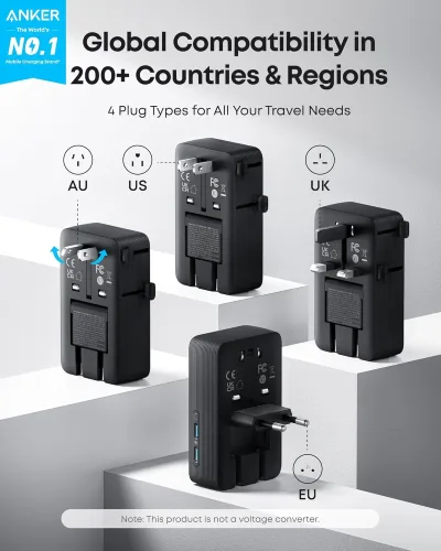 Anker Nano Travel Adapter (5-i-1, 20W, 1-pak) og Anker Nano Charger (45W) med USB-C til USB-C-kabel