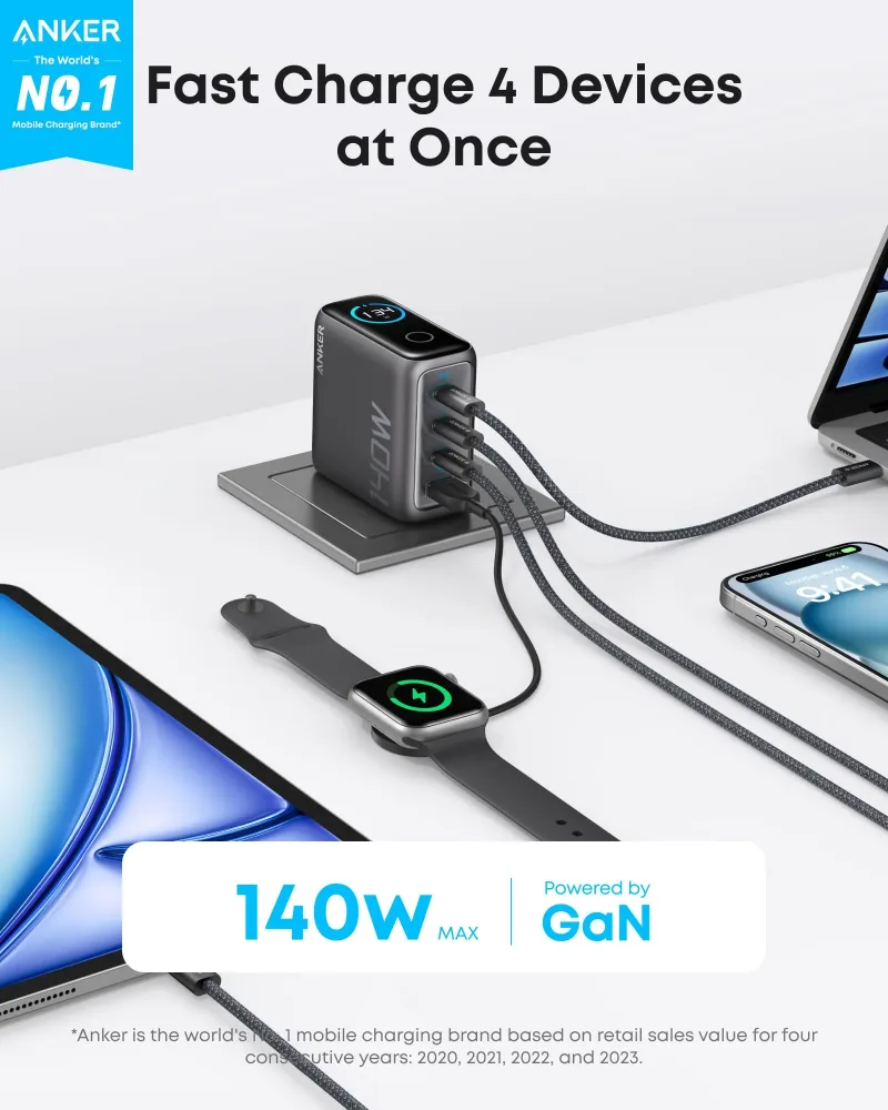 2-Pack Anker Laptop Charger (140W, 4-Port, PD 3.1) with 2-Pack USB-C Cable