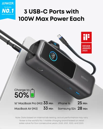 Bundle kit: Anker Laptop Power Bank (25K, 165W, Built-In and Retractable Cables) and Anker USB-C to USB-C Cable (6 ft, 240W, Upcycled-Braided)