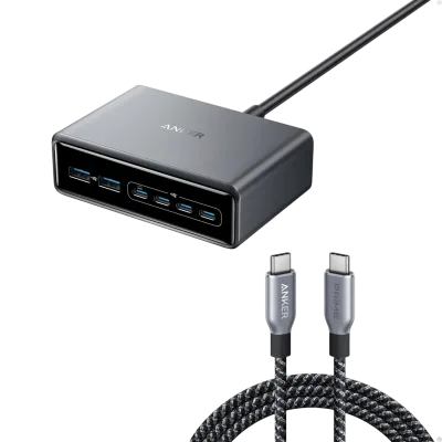 Anker Prime 充電器（200W，6 埠，GaN）及 Anker Prime USB-C 至 USB-C 充電線 240W