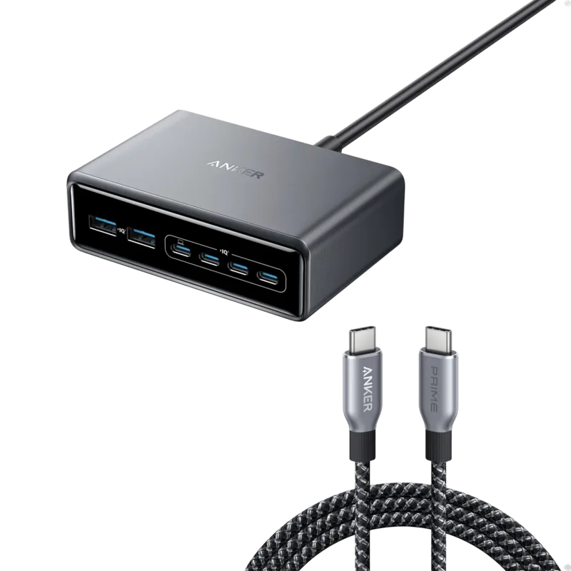 Anker Prime 充電器（200W，6 埠，GaN）及 Anker Prime USB-C 至 USB-C 充電線 240W