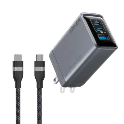Anker Prime Charger (100W, 3 Ports, GaN) and Anker USB-C to USB-C Cable (3 ft / 6 ft, 240W, Upcycled-Braided)