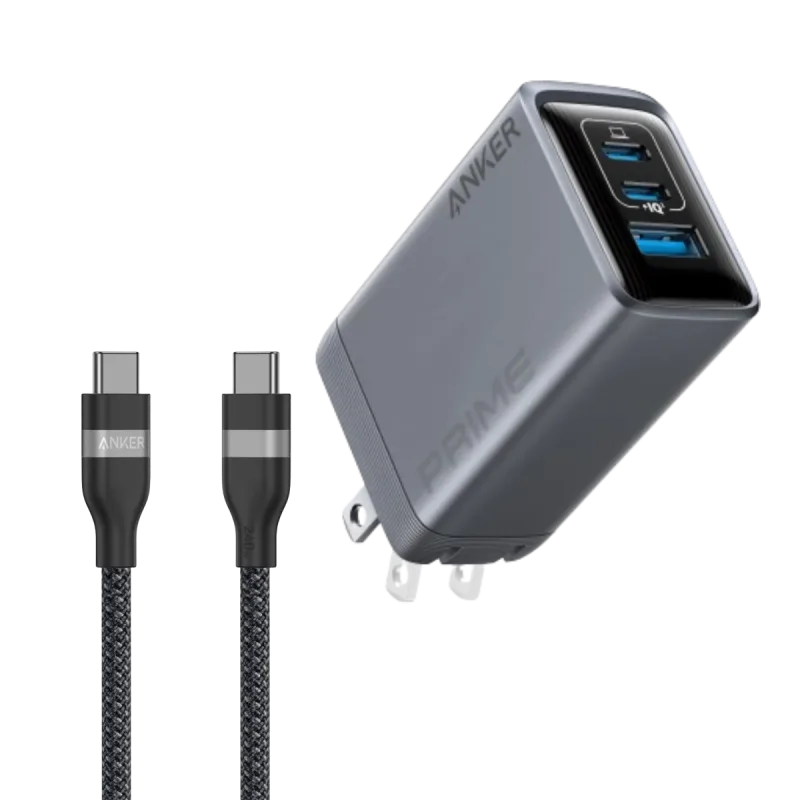 Anker Prime Charger (100W, 3 Ports, GaN) and Anker USB-C to USB-C Cable (3 ft / 6 ft, 240W, Upcycled-Braided)