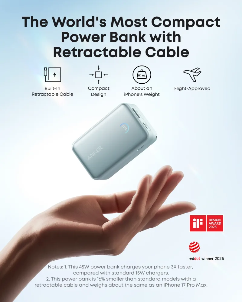 Anker Nano Power Bank (10K, 45W, Built-In Retractable USB-C Cable)