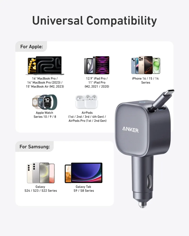 Anker Nano 75W biloplader og Anker Prime USB-C til USB-C-kabel (240W, upcycled-flettet)