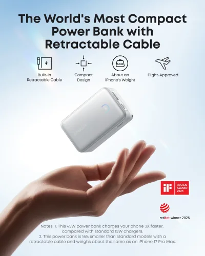 Anker Nano Power Bank (10K, 45W, Built-In Retractable USB-C Cable)