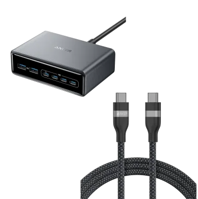 Anker Prime Charger (200W, 6 Ports, GaN) dan Anker USB-C to USB-C Cable (6 ft, 240W, Upcycled-Braided)