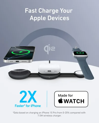 Anker MagGo Wireless Charging Station (3-in-1, Foldable Pad) ja Anker Nano Charger (20W)