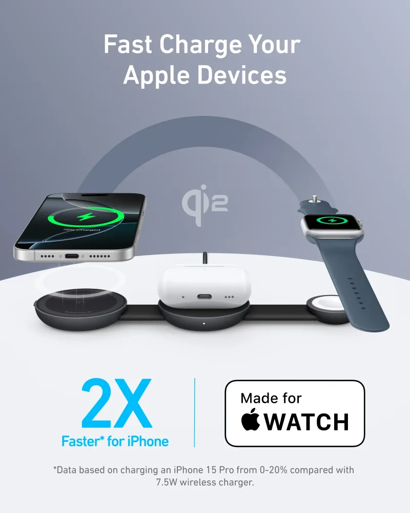 Anker MagGo Wireless Charging Station (3-in-1, Foldable Pad) ja Anker Nano Charger (20W)
