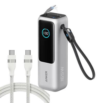 Bundle kit: Anker Laptop Power Bank (25K, 165W, Built-In and Retractable Cables) and Anker USB-C to USB-C Cable (6 ft, 240W, Upcycled-Braided)
