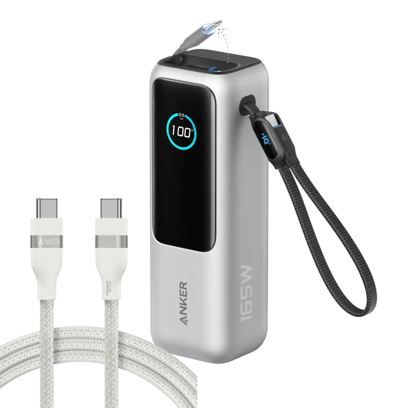 Bundle kit: Anker Laptop Power Bank (25K, 165W, Built-In and Retractable Cables) and Anker USB-C to USB-C Cable (6 ft, 240W, Upcycled-Braided)