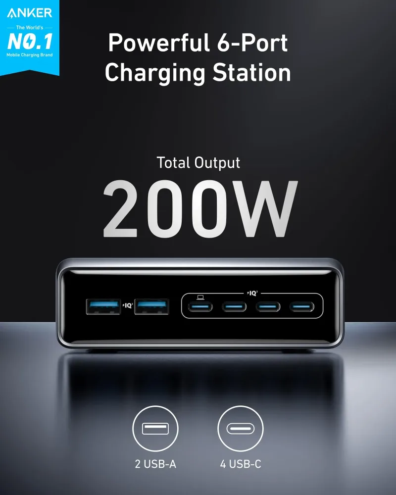 Anker Prime 充電器（200W，6 埠，GaN）及 Anker Prime USB-C 至 USB-C 充電線 240W