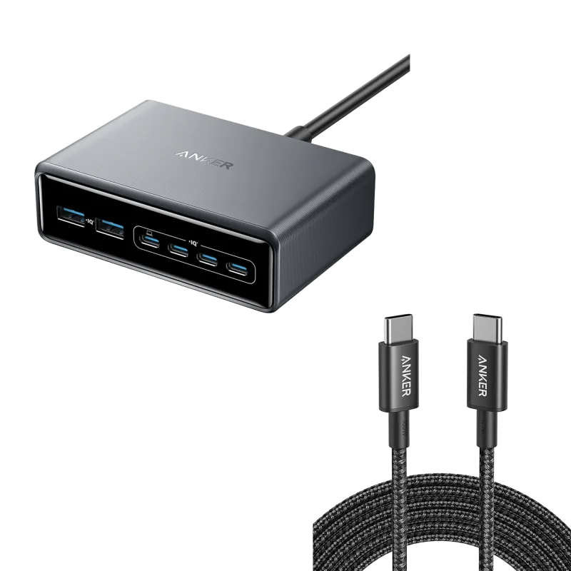 Bundle kit:Anker Prime Charger (200W, 6 Ports, GaN) and USB-C to USB-C 100W Cable (10 ft)