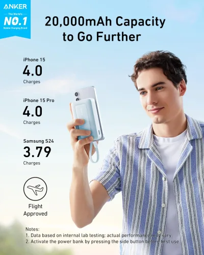 Anker Zolo 行動電源（10K，30W）配備 5.4 吋（13.7 厘米）內置 USB-C 充電線。