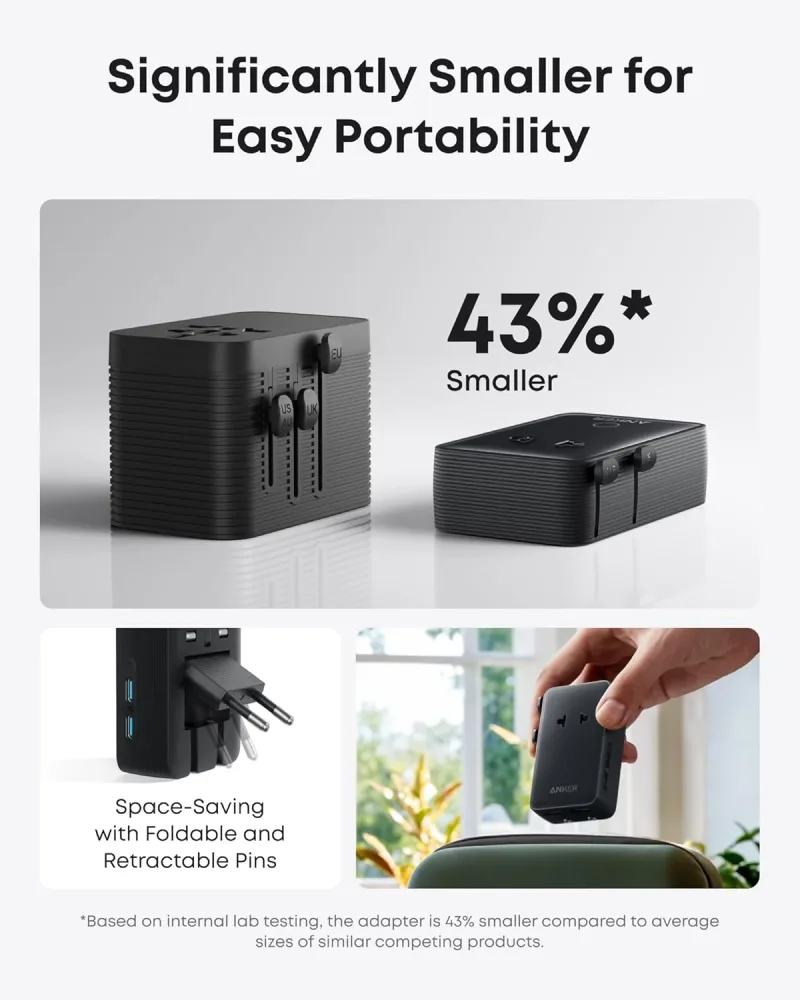 Anker Nano Travel Adapter (5-i-1, 20W, 1-pak) og Anker Nano Charger (45W) med USB-C til USB-C-kabel