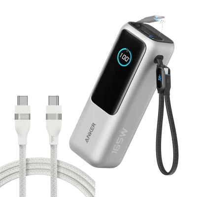 Bundle kit: Anker Laptop Power Bank (25K, 165W, Built-In and Retractable Cables) and Anker USB-C to USB-C Cable (6 ft, 240W, Upcycled-Braided)