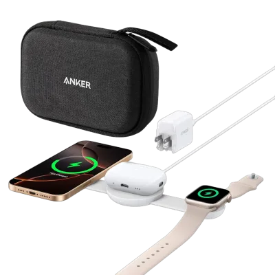 Anker MagGo 無線充電座（三合一、可摺疊充電板、極光白、附旅行盒及轉接器）