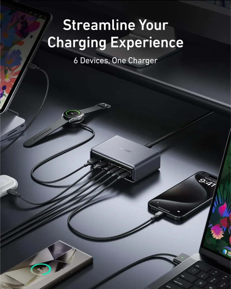 Anker Prime 充電器（200W，6 埠，GaN）及 Anker Prime USB-C 至 USB-C 充電線 240W
