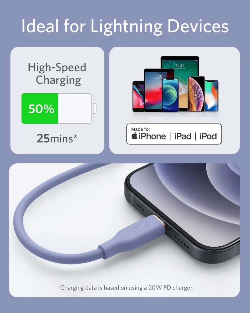 Anker <b>641</b> USB-C 至 Lightning 充電線 (Flow, 3 呎矽膠)