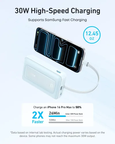 Anker Zolo 行動電源（10K，30W）配備 5.4 吋（13.7 厘米）內置 USB-C 充電線。