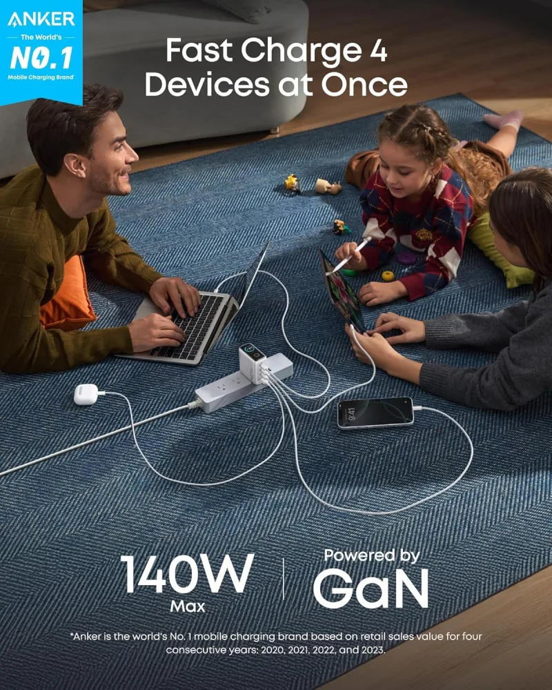 Anker 充電器 (140W, 4 埠, PD 3.1) 連 USB-C 充電線