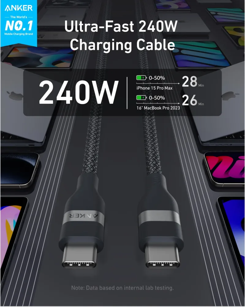 Câble Anker USB-C vers USB-C (3 ft / 6 ft, 240W, tressé en matériaux recyclés, lot de 2)