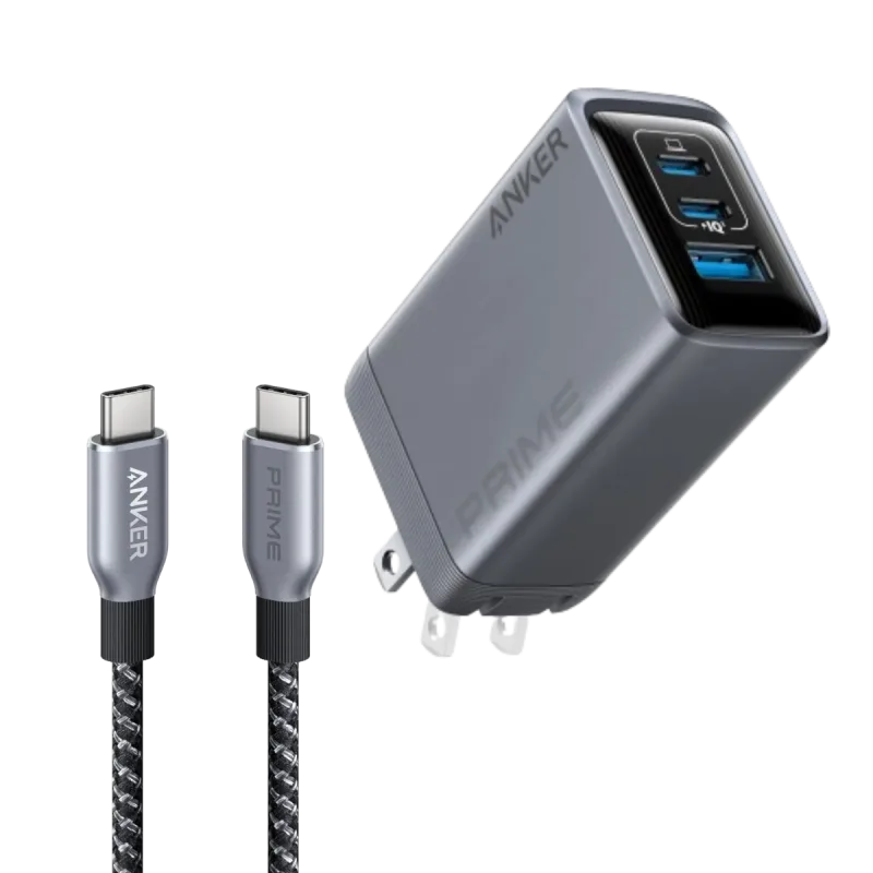 Anker Prime Charger (100W, 3 Ports, GaN) and Anker Prime USB-C to USB-C Cable (240W, Upcycled-Braided)