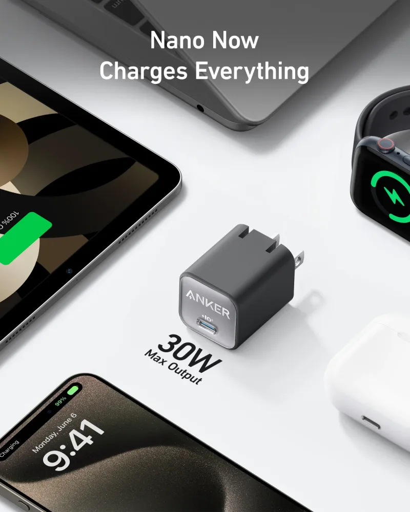Anker Nano Charger (30W) og New Nylon USB-C til USB-C 100W-kabel (10 ft)